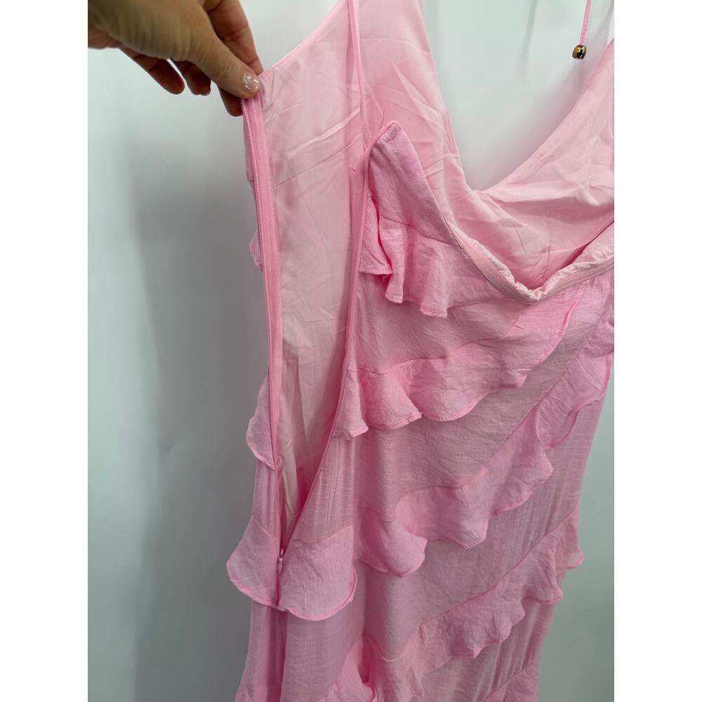 Here Comes The Sun Pink Ruffle Maxi Dress Cascading Ruffle Halter Neck Small NWT - Picture 7 of 8